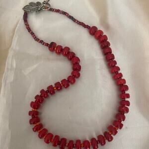 Vintage Gorgeous Red Coral Beaded with stainless steel Grapes and Leaf Necklace